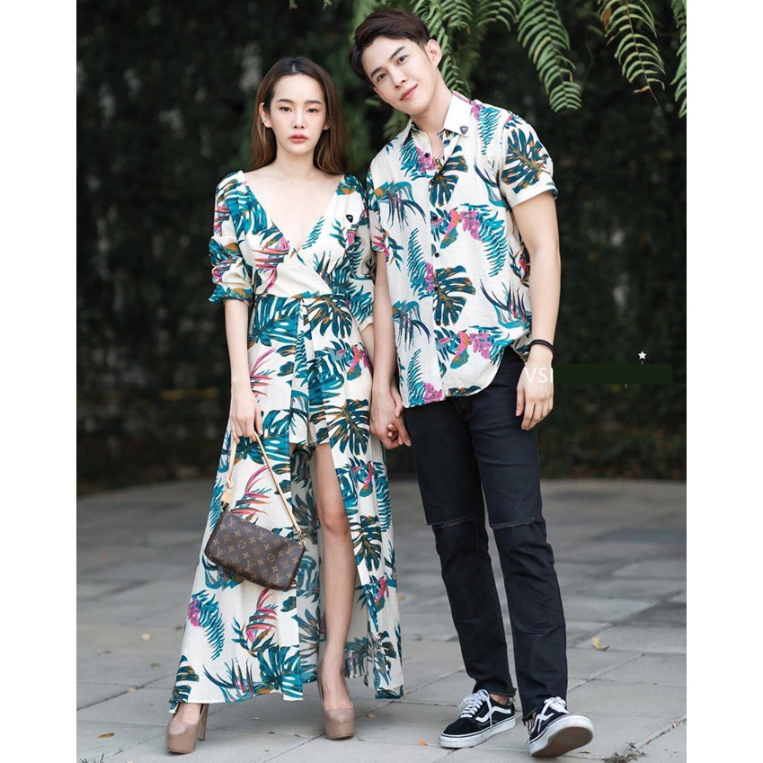 Set đồ đôi áo váy cặp CoupleTina 100% cotton cao cấp  - Váy Maxi họa tiết nhiệt đới chụp ảnh siêu đẹp