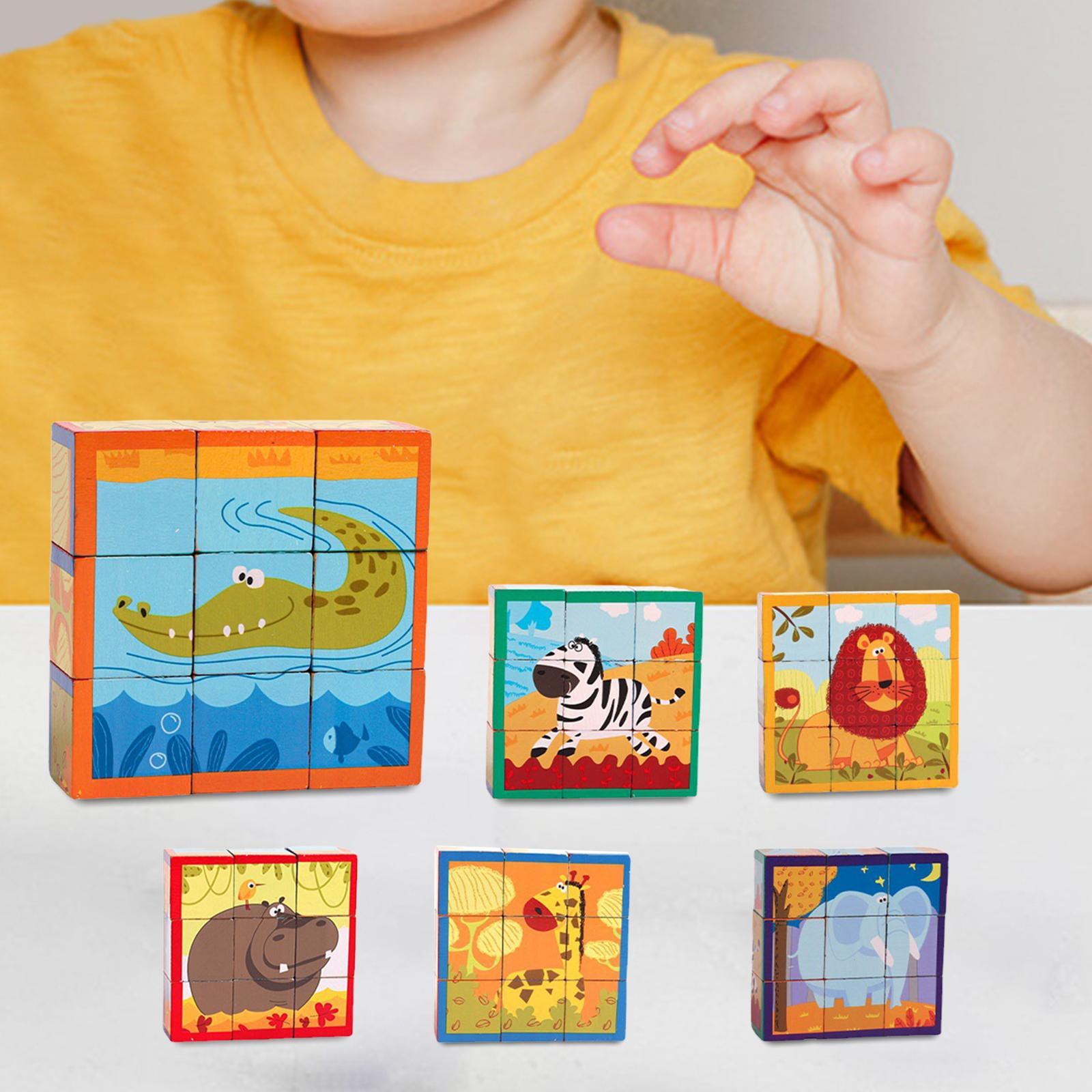 Wooden Cartoon Puzzle Learning Activities Montessori Fine Motor Skill with 5 Cards Shape Sorter Toy for Travel Toddlers Birthday Gift