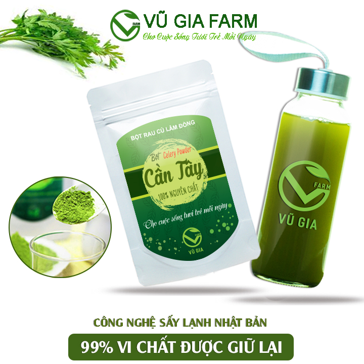 Bột Cần Tây Sấy Lạnh Nguyên Chất Vũ Gia (50g/ túi) + Tặng Chai Thủy Tinh Đựng Nước Ép Có Dây Treo 300ml