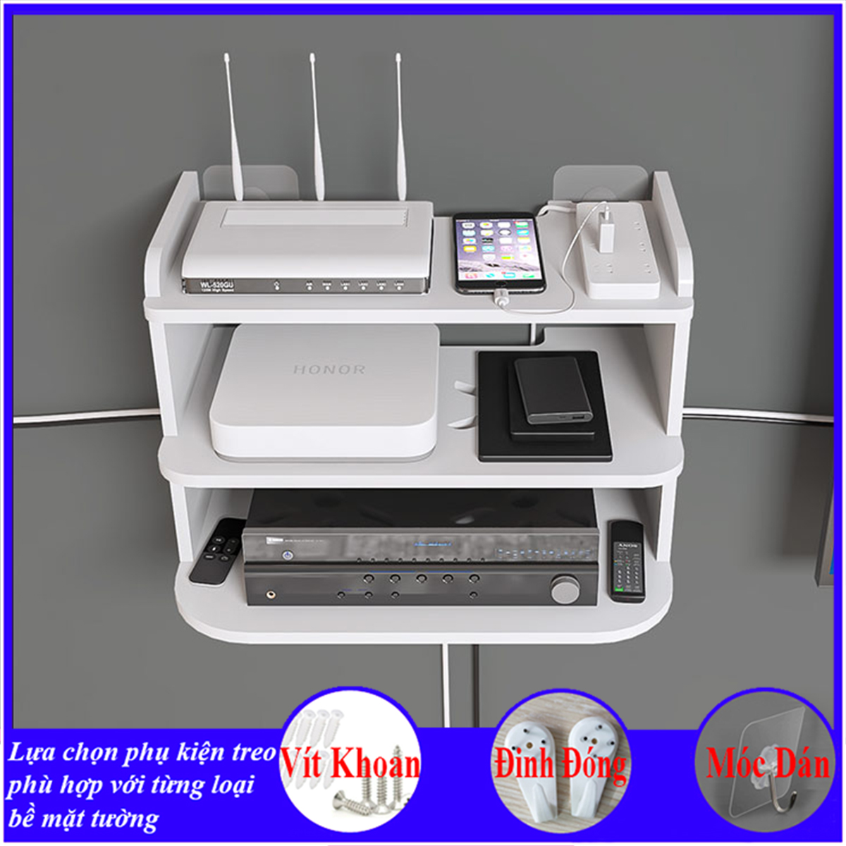 Kệ wifi treo tường 3 tầng, Giá đỡ wifi, đầu kỹ thuật số, modem, máy chiếu, chất liệu gỗ cao cấp màu trắng - B031