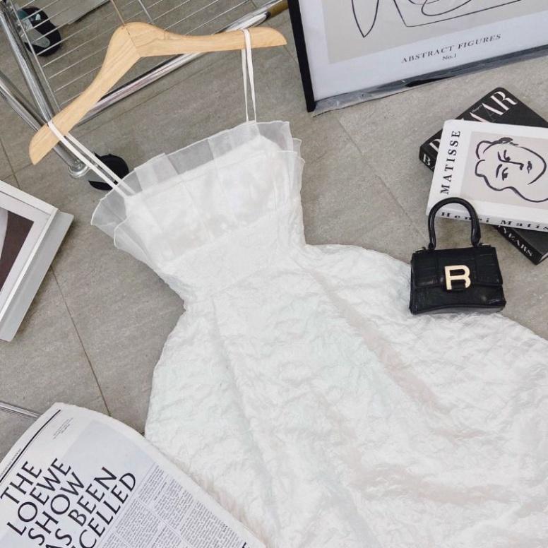 Váy Trắng dự tiệc Thiết Kế Hai Dây Ngọc Xốp Vân Nổi Prince Dress babydoll váy xinh ulzzang - Váy mầu trắng