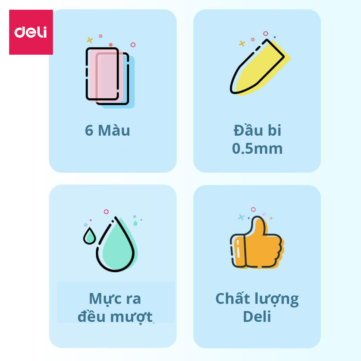 Set bút bi gel nhiều màu Deli - Có đệm tay - 6 màu - A123