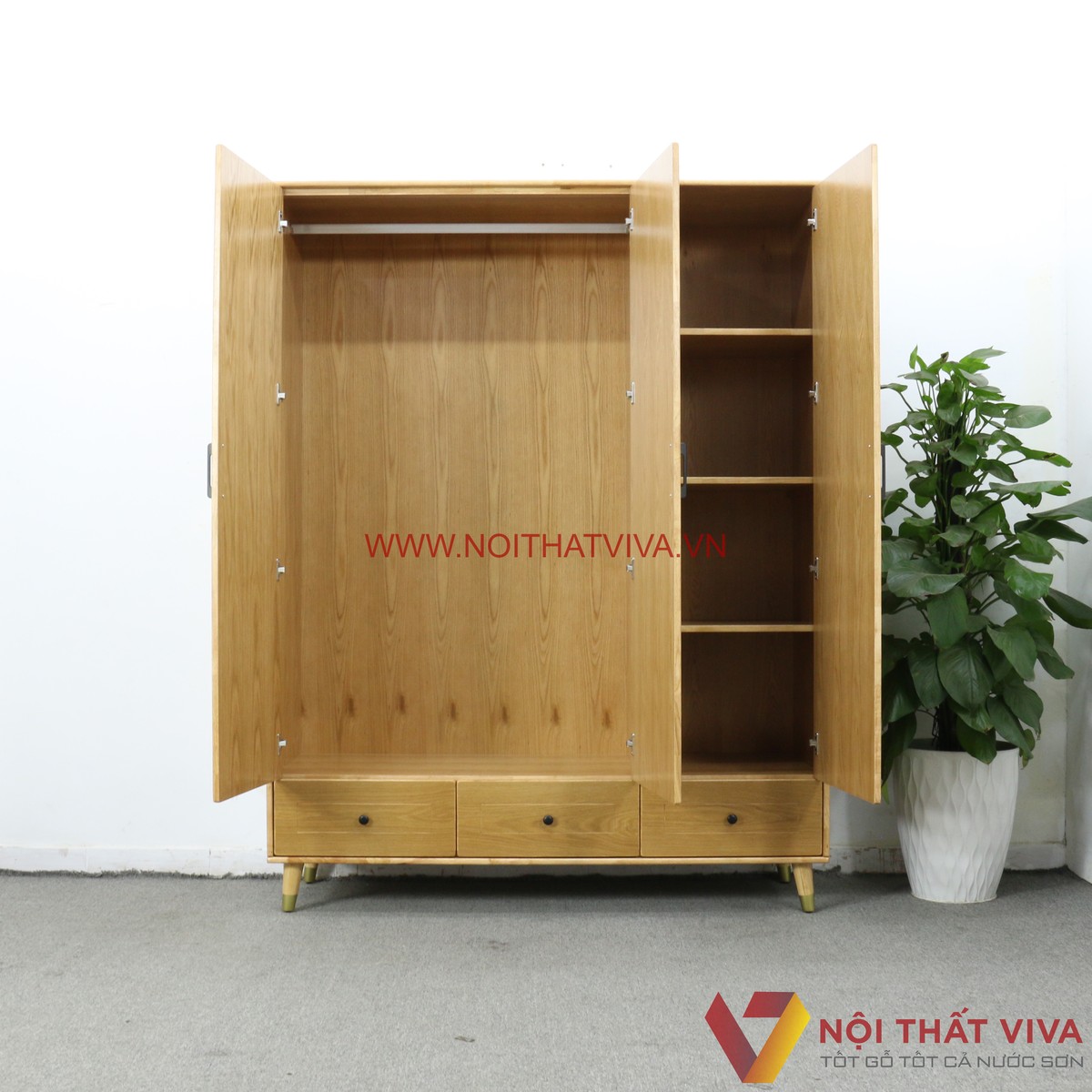 Tủ Quần Áo 3 Cánh Gỗ Tự Nhiên Màu Sồi Chân Cao Hiện Đại Đẹp Giá Rẻ