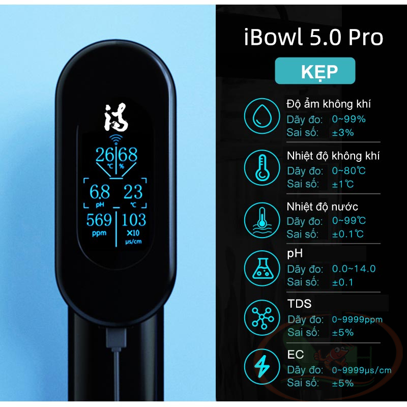 Máy đo thông số Ibowl 5.0 Pro test online kiểm tra pH, nhiệt độ, TDS, độ ẩm bể cá tép thủy sinh