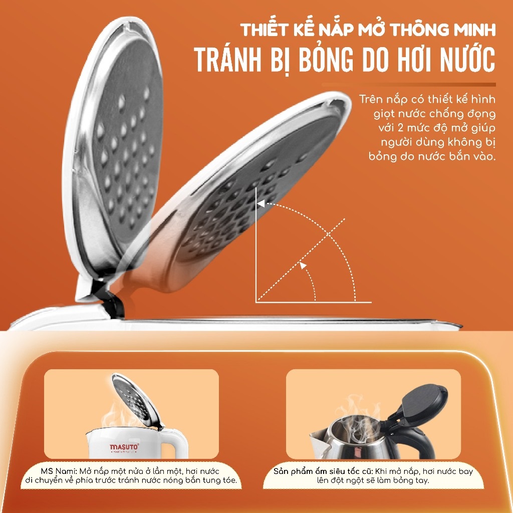 Ấm siêu tốc Sothing Masuto 1,7L MS Nami 2 lớp giữ nhiệt chống bỏng an toàn, inox 304 nguyên khối- Hàng chính hãng