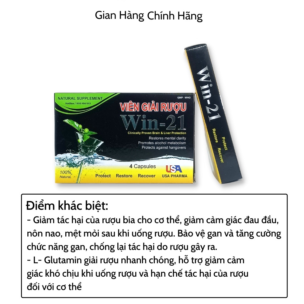 Combo 6 Hộp Viên Giải Rượu Win 21 - Tự Tin Hơn Khi Uống Rượu - Không Đau Đầu Khi Uống Say - 1 Hộp Có 4 Viên, 1 Combo 6 Hộp Có 24 Viên