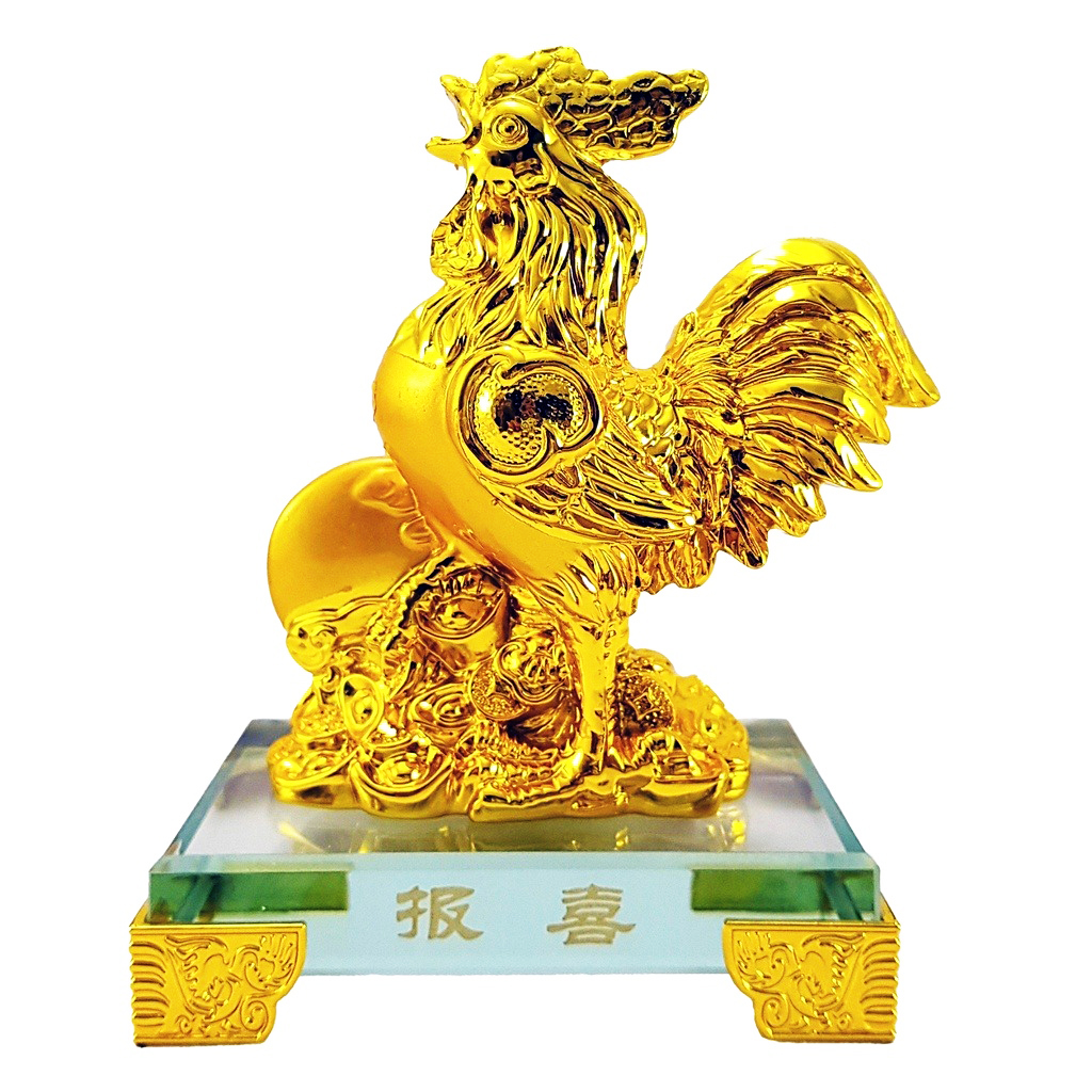 Tượng chú gà vàng đế kính thủy tinh cao cấp - Tượng Thần Kê Chiêu Tài - Hàng Nhập Khẩu