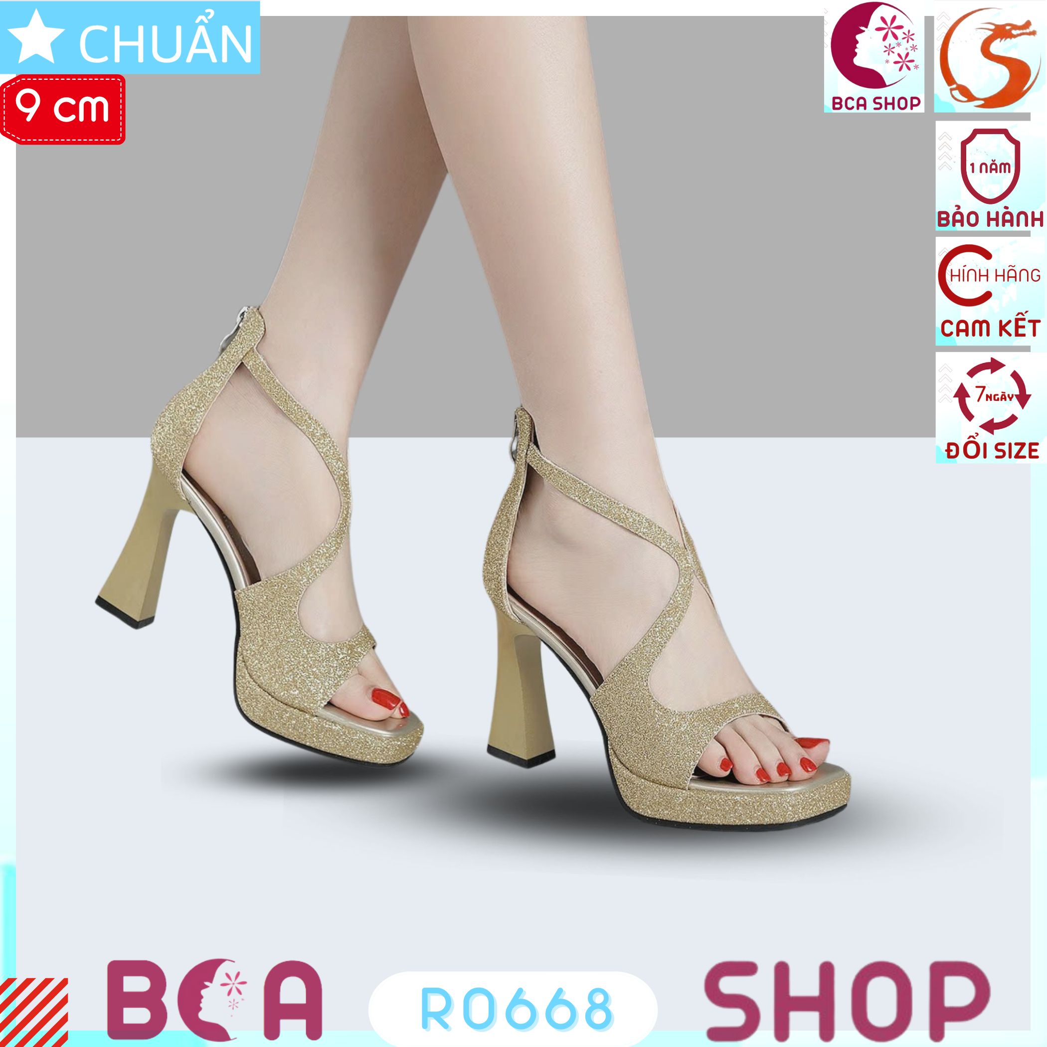 Giày nữ đẹp hở mũi cao gót 9 phân RO668 ROSATA tại BCASHOP dây kéo sau kiểu bốt, màu vàng nhám thời trang và sang trọng