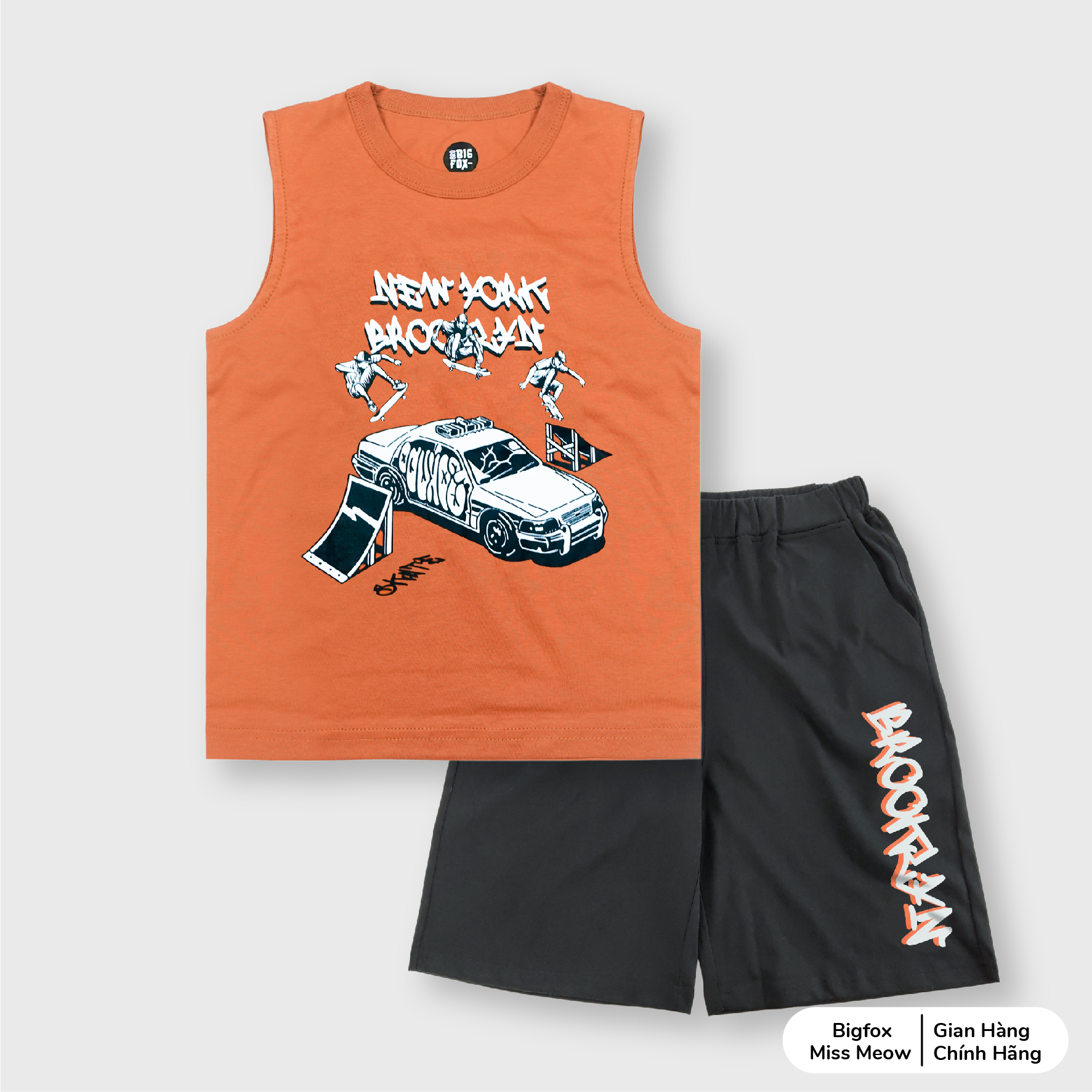 Bộ ba lỗ sát nách bé trai Bigfox Miss Meow size đại mặc nhà mùa hè kiểu Hàn Quốc in New York cỡ 12 - 15 tuổi 40kg 50kg