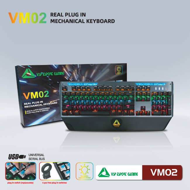 Bàn phím cơ VSP eSport Gaming VM02 (104 phím, Đen, Blue switch) - Hàng chính hãng