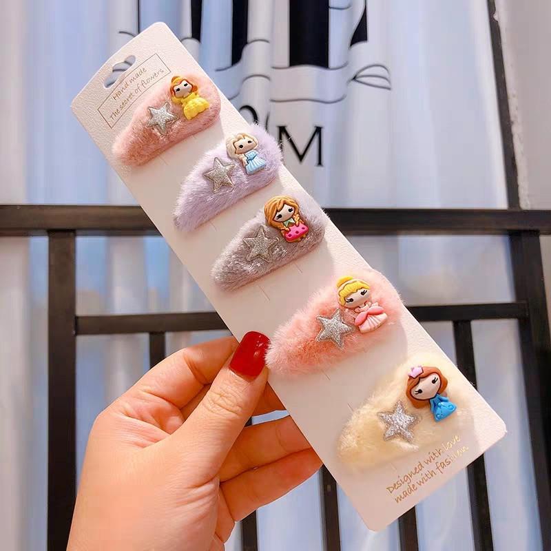 Set 5 Kẹp Tóc Mái Lông Nhân Tạo Hình Công Chúa Dễ Thương