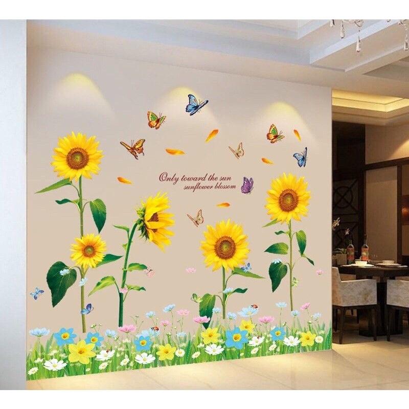 Decal dán tường hoa hướng dương và chân hoa cỏ