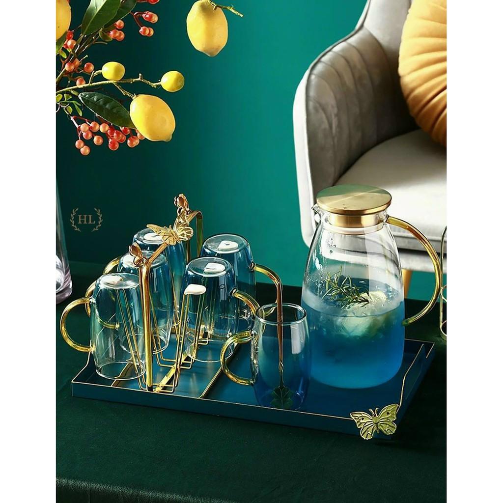 Bộ bình + 6 cốc thủy tinh xanh quai vàng