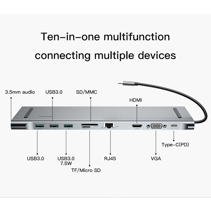 Bộ HUB chuyển đổi đa chức năng Baseus Enjoyment (giá đỡ máy tính xách tay/HUB USB Type-C HUB USB3.0/ Dual HDMI/TF/SD/RJ45/VGA/PD MacBook, Laptop, Tablet) - Hàng chính hãng