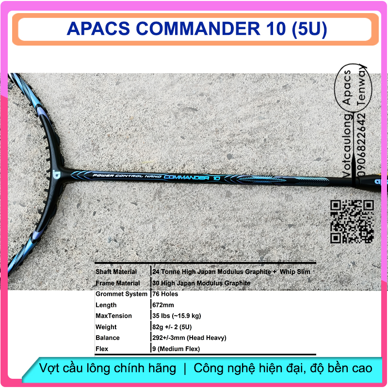 [Vợt cầu lông Apacs Commander 10 Black Blue- 5U] – Vợt nặng đầu thiên công, tiên phong công nghệ New Japan High-modulus graphite