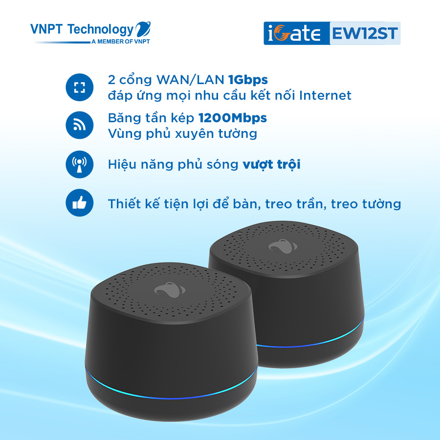 Hệ thống Wifi Mesh VNPT Technology iGate EW12SX (2-pack) 2 băng tần chuẩn AC tốc độ cao dành cho gia đình hàng chính hãng