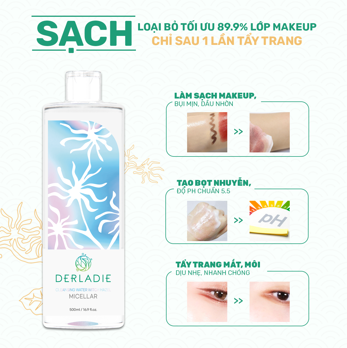Tẩy Trang Derladie Cleansing Water Witch Hazel Làm Sạch Ngừa Mụn Trên Da 500ml