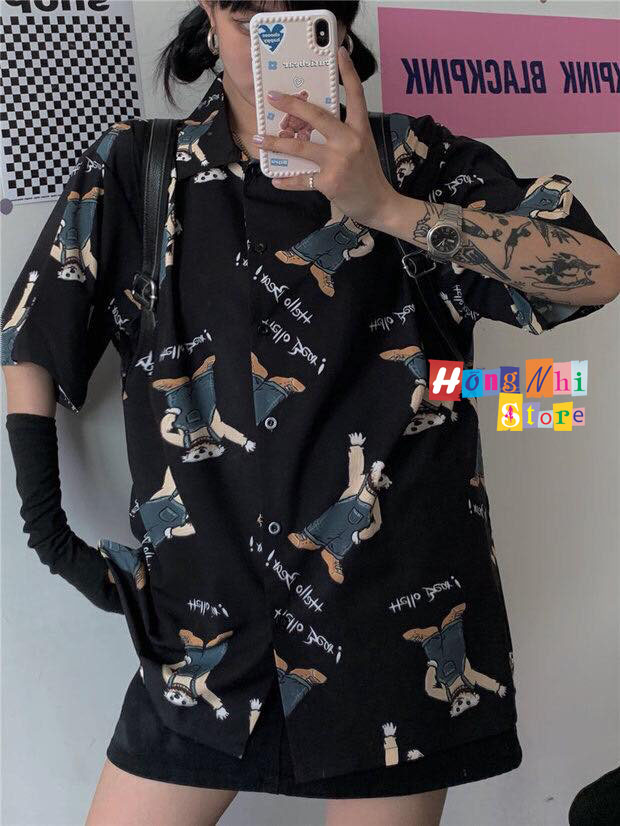 Áo Sơ Mi Hoạ Tiết Tay Lỡ Dáng Rộng, Sơ Mi Hoạt Hình Tay Lửng Unisex - MM