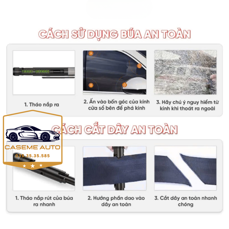 Búa thoát hiểm ô tô 4in1 – Phá kính, cắt dây an toàn, đèn pin LED, bảng số điện t hoại ẩn tiện lợi - Hàng Nhập Khẩu