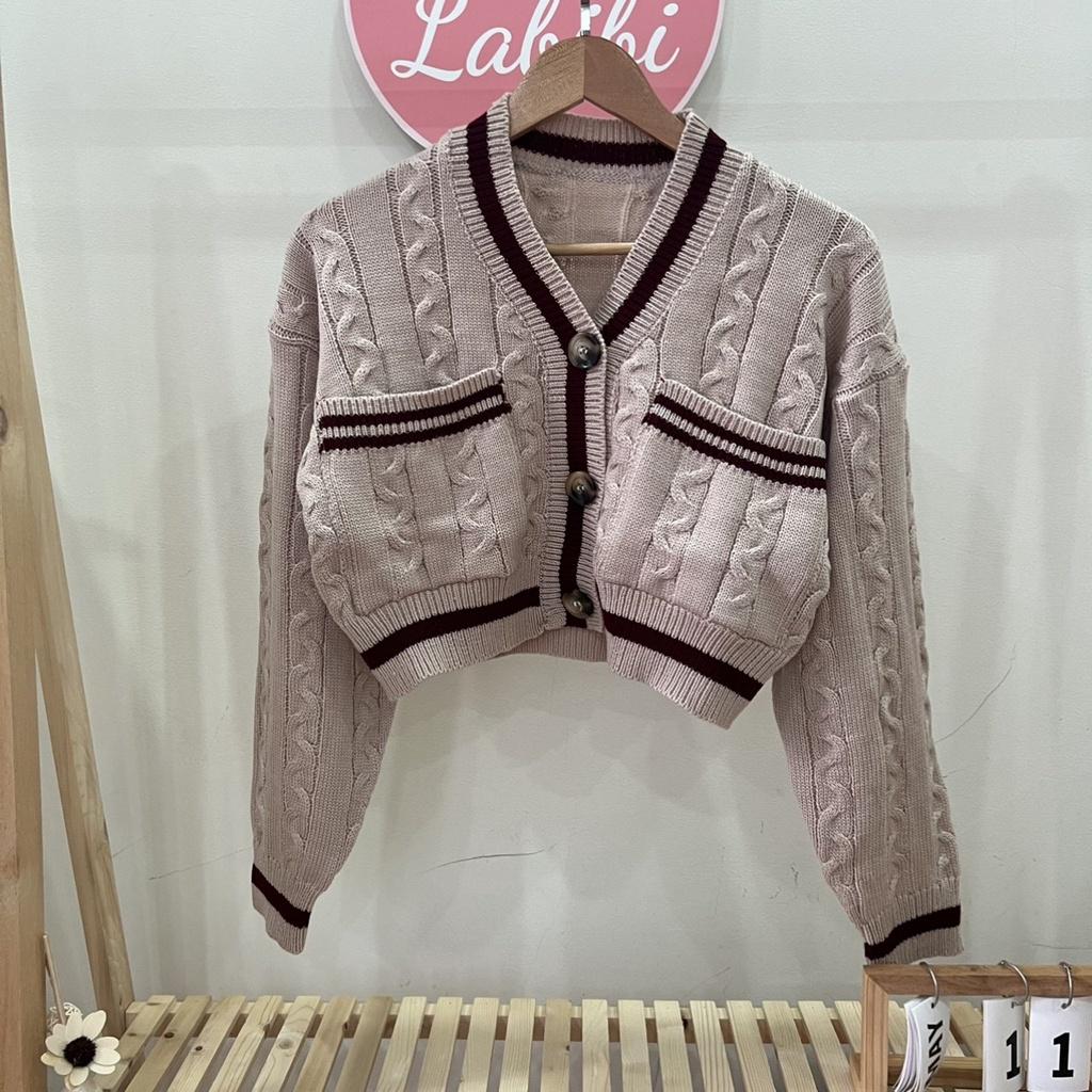 Áo Croptop Cardigan Len Thừng Viền Đỏ Chất Len Dày Mịn Đẹp, Labibi