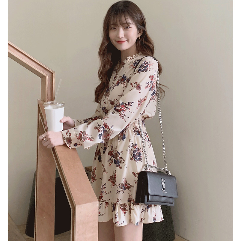 Đầm xòe voan hoa dạo phố Hàn Quốc, họa tiết hoa xinh, kiểu dáng dễ thương Da56