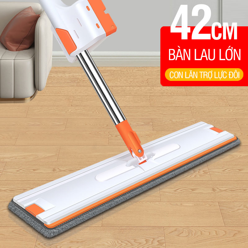 Cây lau nhà tự vắt Kitimop-White bàn lau lớn 42cm, con lăn trợ lực, thanh thép không gỉ, khớp xoay 360 độ, 2 bông lau