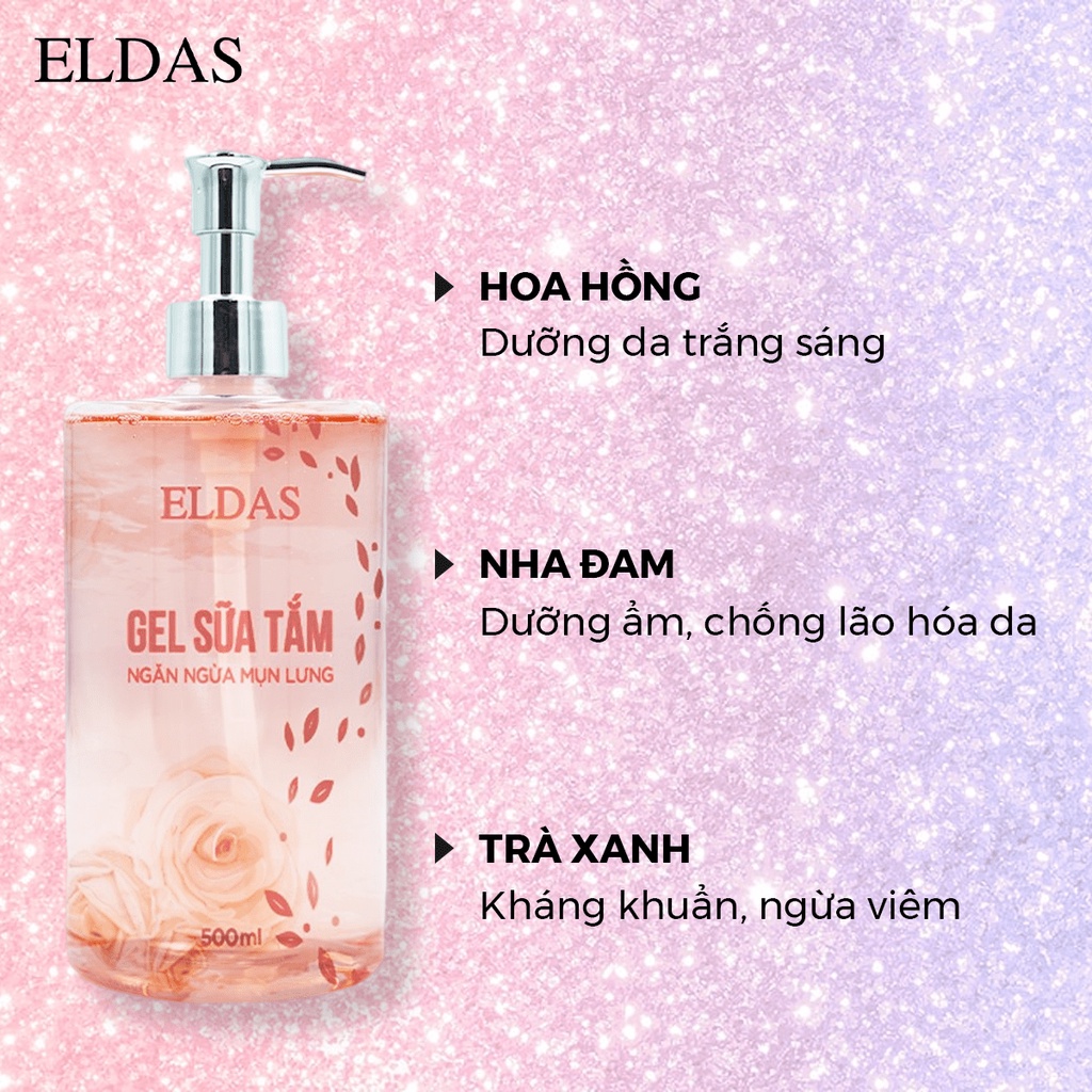 Gel sữa tắm mụn lưng ELDAS, giảm viêm nang lông với tinh chất TRÀM TRÀ KHỔ QUA HOA HỒNG kháng khuẩn sáng da 500ml/chai