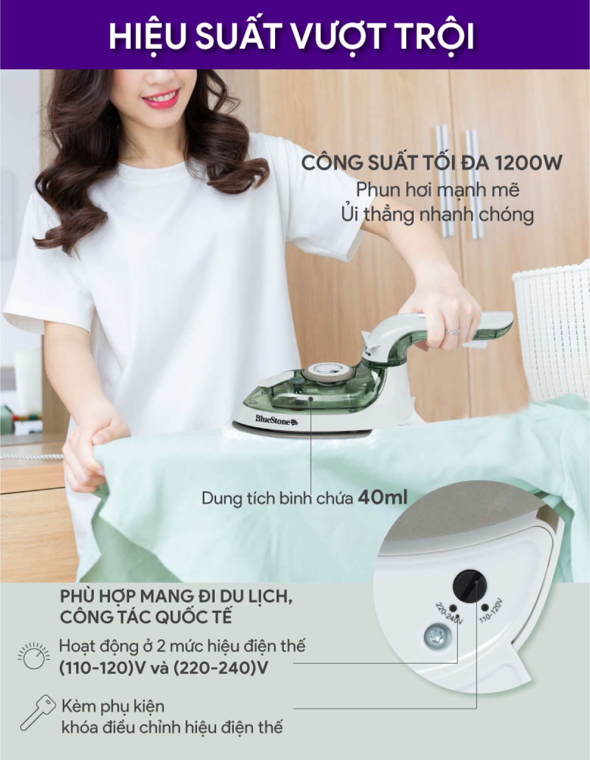 Bàn ủi hơi nước du lịch mini BlueStone SIB-3819 (1200W) - Hàng Chính Hãng