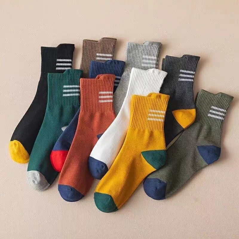 Set 5 đôi tất nam 3 sọc cổ trung, tất nam phong cách vintage Hàn Quốc