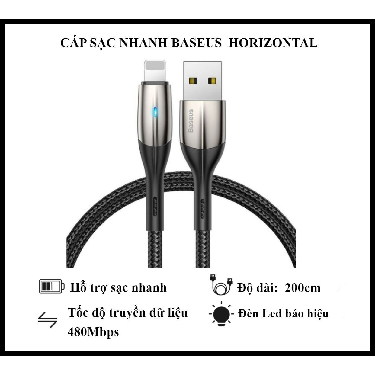 Cáp Sạc Nhanh Baseus Horizontal Data Cable - Dùng Cho iPhone iPad - Trang Bị Đèn Led - Công Nghệ Chống Đứt Gãy SR - Hàng Chính Hãng