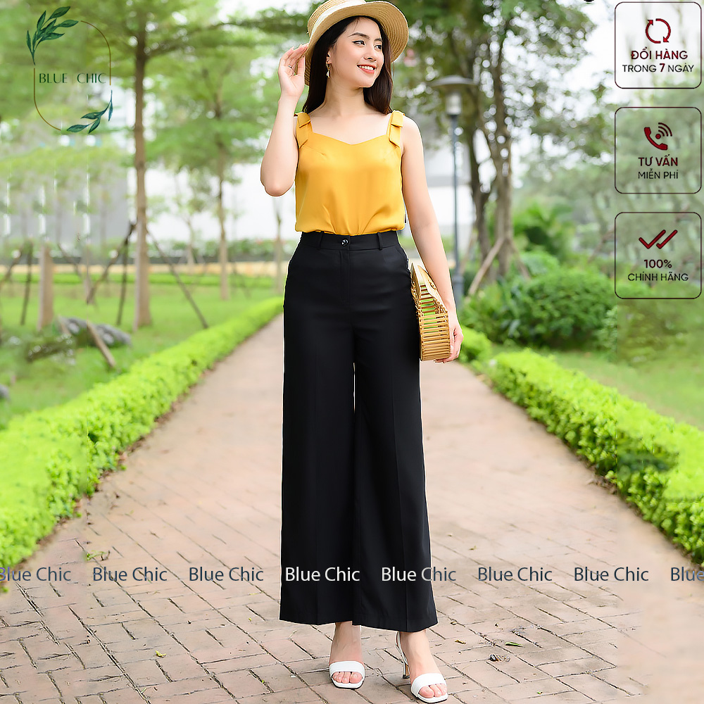 Quần ống rộng Blue Chic lưng cạp cao baggy vải nữ dài suông loe culottes xuông màu đen