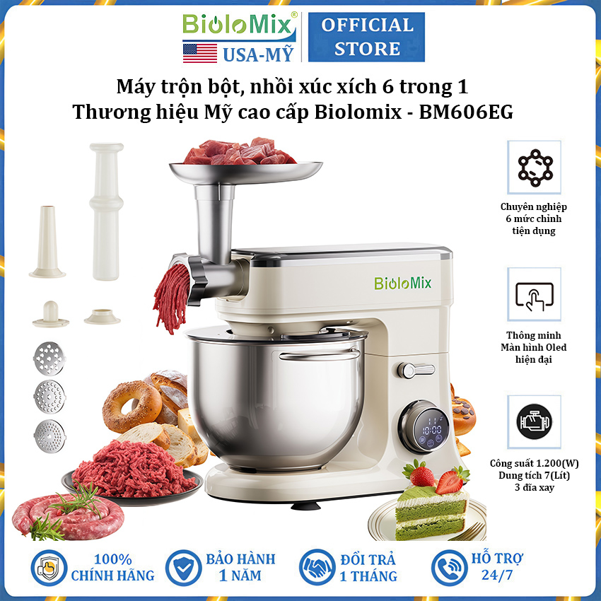 Máy trộn bột, xay thịt, nhồi xúc xích 6 trong 1 thương hiệu Mỹ cao cấp Biolomix BM606EG - Hàng Chính Hãng