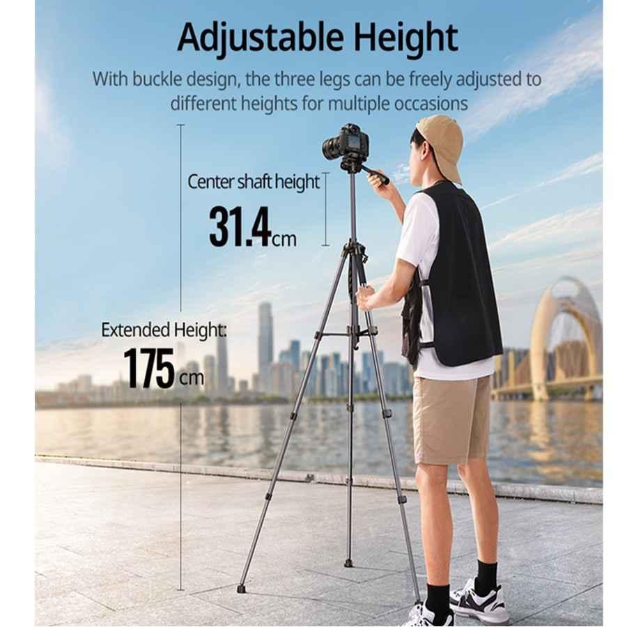 Ugreen UG15187LP661TK tripod 3 chân cao 55cm-170cm xoay 360 độ bằng nhôm Gậy tự chụp ảnh chuyên nghiệp chống trượt cho điện thoại hoặc máy ảnh đế màu đen max 5kg - HÀNG CHÍNH HÃNG