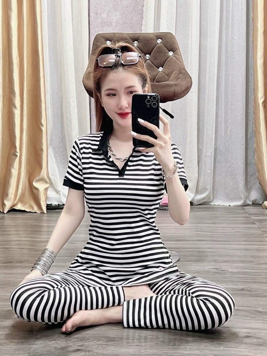 Sét Bộ Thun Sọc Áo Cổ Bẻ Xẻ 2 Bên Phối Quần Dài Có Túi Rẻ Đẹp