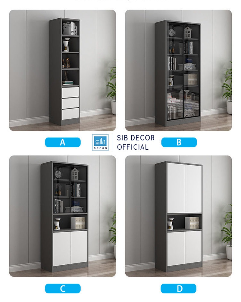 Set Tủ Sách Gỗ Nhiều Ngăn Tiện Lợi Phối Cửa Kính Trung Bày Hiện Đại Thương Hiệu SIB Decor KS603