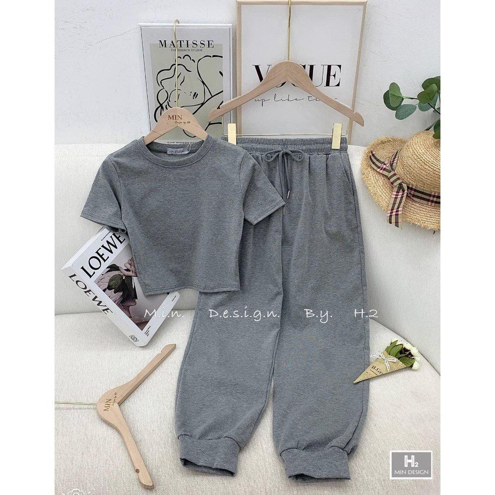 Set Bộ Áo Croptop Quần Jogger Nữ Thể Thao Set Áo Cộc Tay Quần Thun Ống Rộng 2 Màu Siêu Xinh