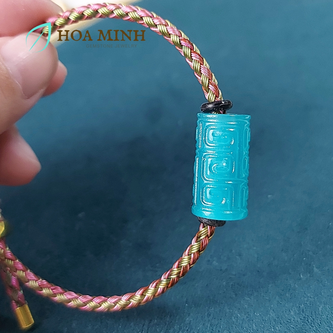 Vòng tay sợi dây cáp phối lu thống đá Amazonite size 11x20 li chạm khắc hoa văn thanh lịch, thời trang