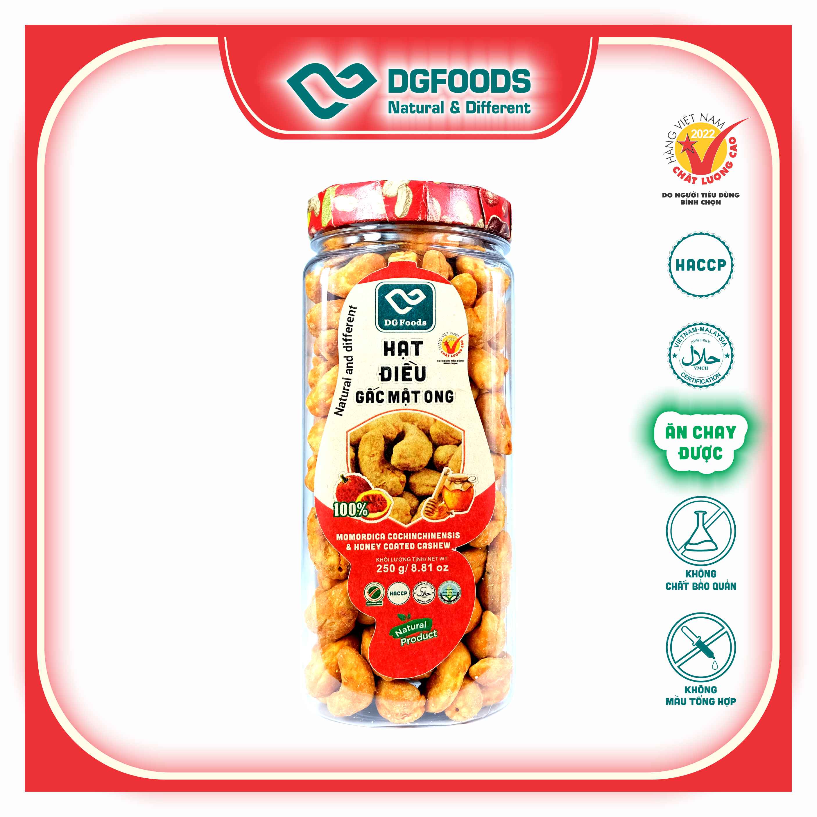 Hạt Điều Gấc Mật Ong DGfoods 250g/ Momordica cochinchinensis &amp; honey coated cashew/ HVNCLC, Haccp, Halal, Ăn chay, Ăn kiêng, Đặc sản Cần Thơ, Hạt điều bình phước