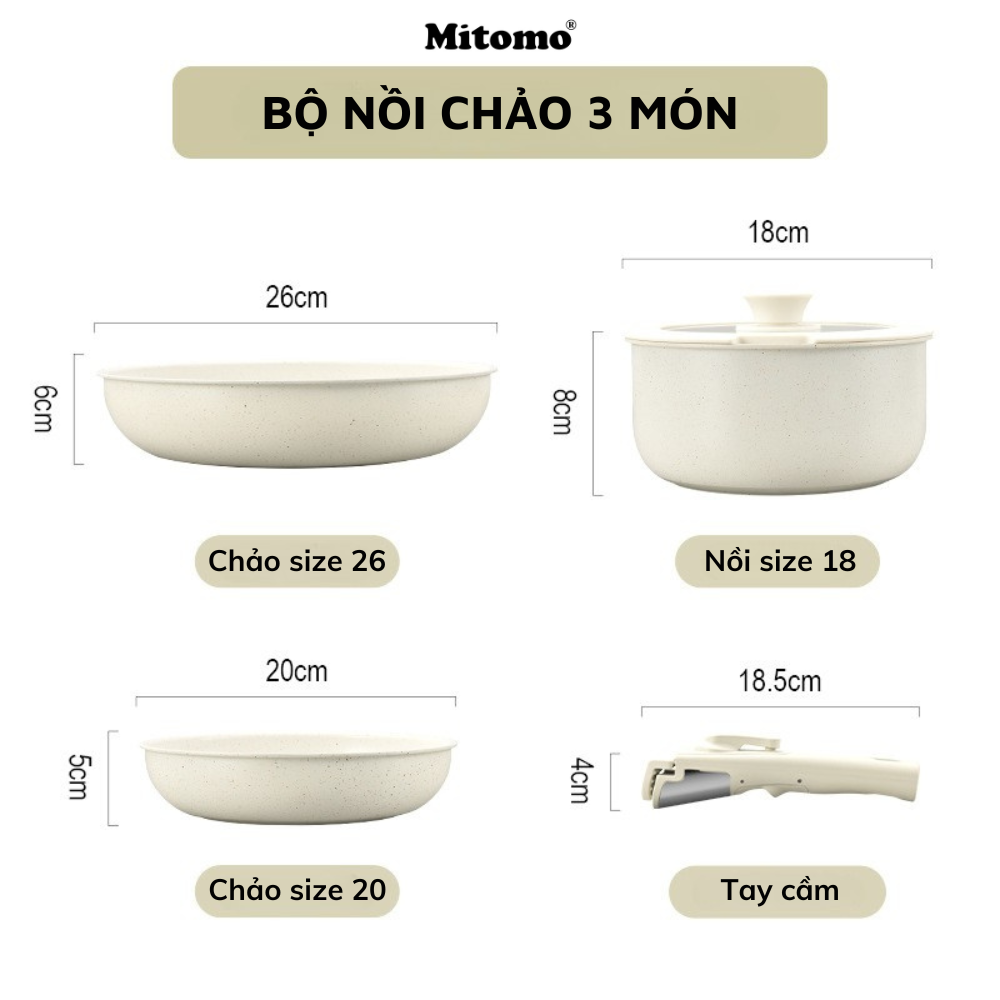 Bộ nồi chảo đá gốm Mitomo chống dính cao cấp 5 món có tay cầm tháo rời, dùng cho mọi loại bếp - Hàng chính hãng