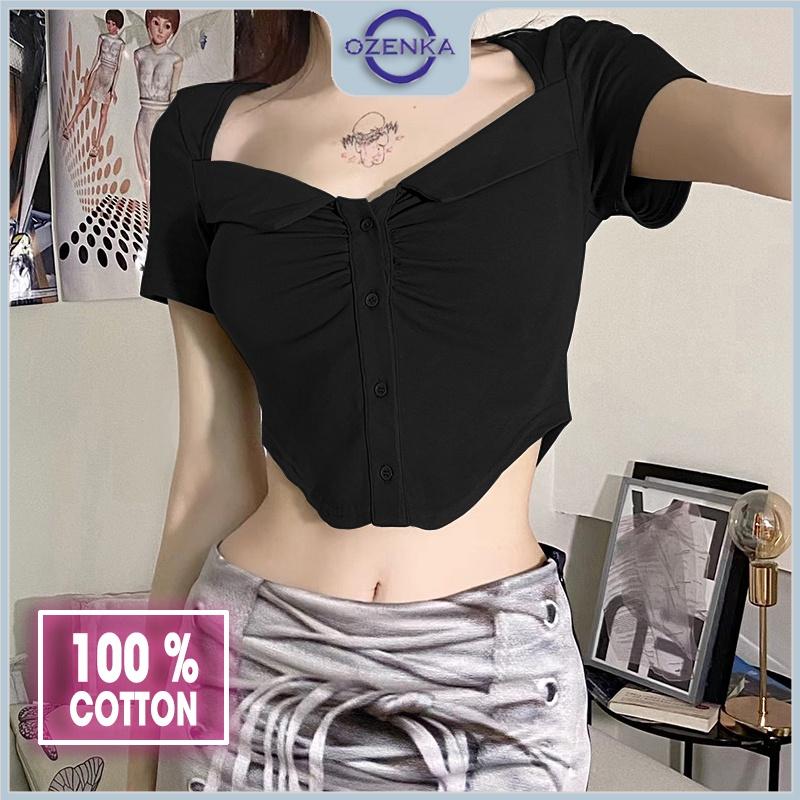 Áo croptop kiểu cổ rộng cài khuy vạt bầu nữ ozenka , áo thun crt ngắn cộc tay màu đen trắng nhún giữa gợi cảm