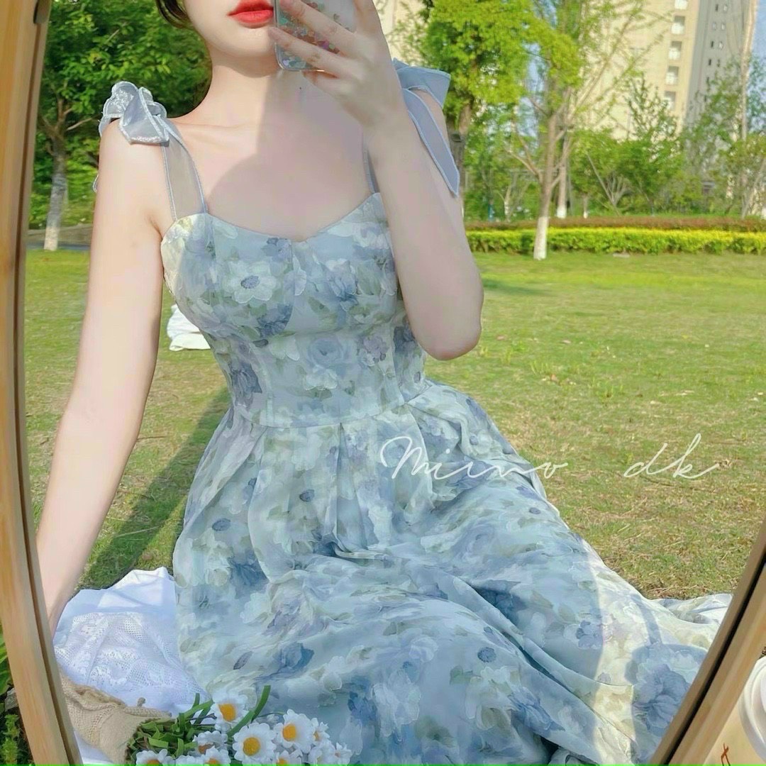 Đầm váy công chúa hai dây có màu xanh họa tiết hoa cực đẹp - Freesize&lt;58kg