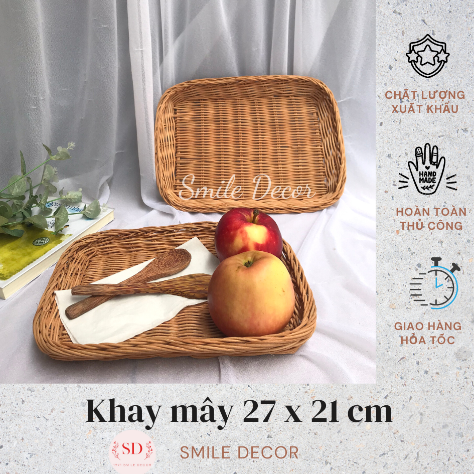 Khay mây chữ nhật màu nâu Smile Decor đựng đồ ăn, trang trí homestay, cafe, spa