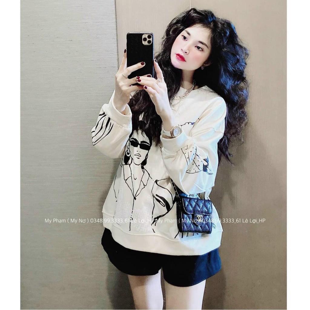 Áo Nỉ Nữ In Hình Cô Gái Tay Dài Form Rộng Ulzzang Thu Đông