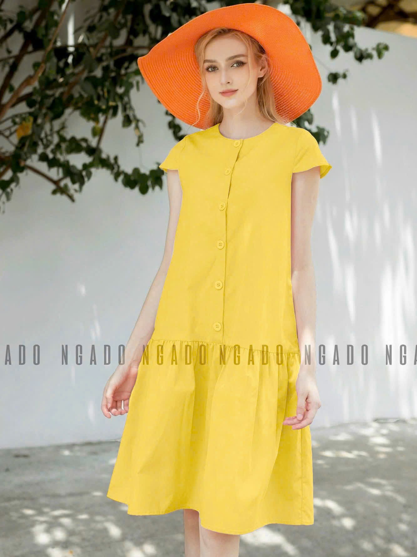 Đầm babydoll vàng tay con NGADO , đầm suông , đầm kiểu Nữ