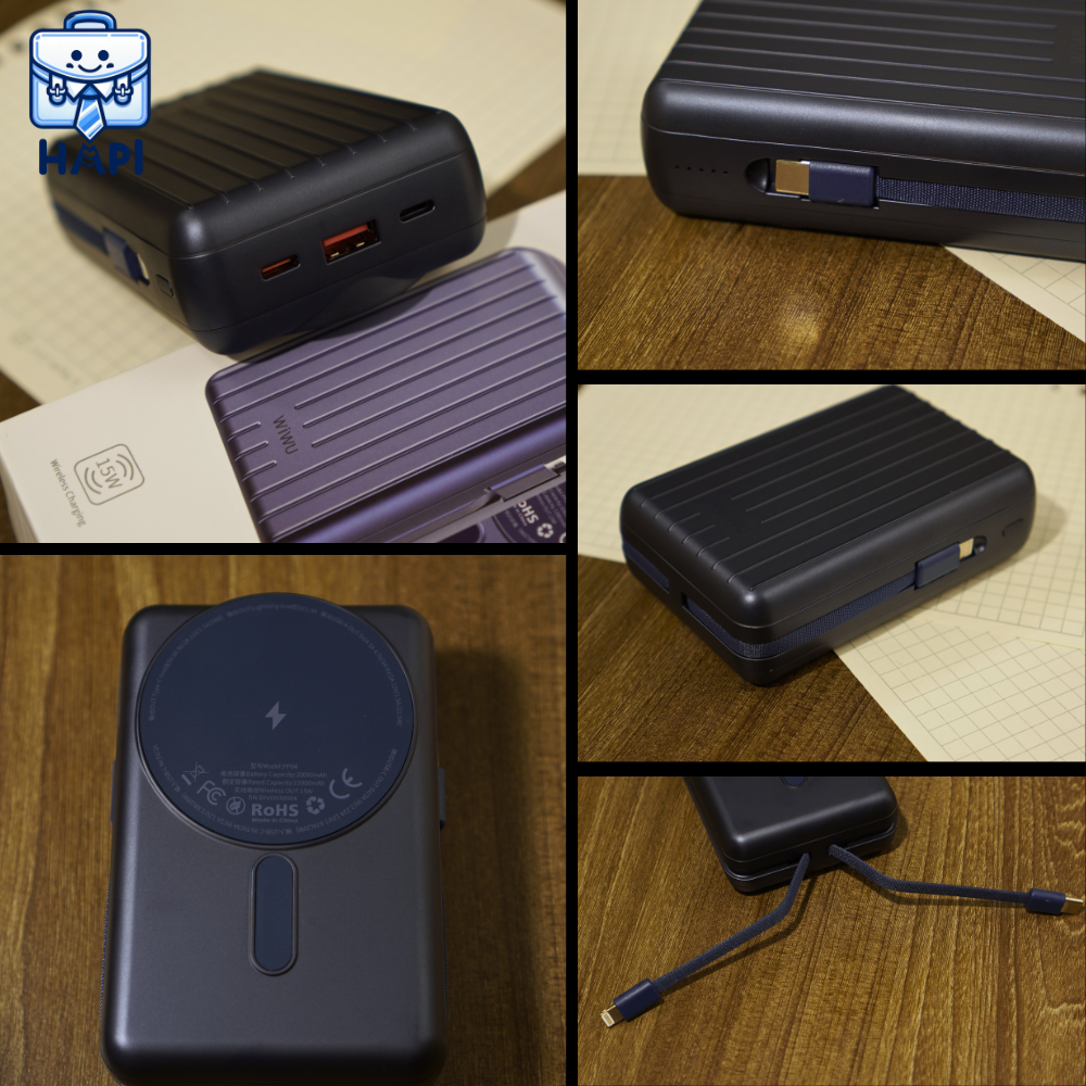 Sạc dự phòng hàng chính hãng WiWU Trunk Series 5-in-1 Wi-PP04, cáp C/L, sạc không dây 15W