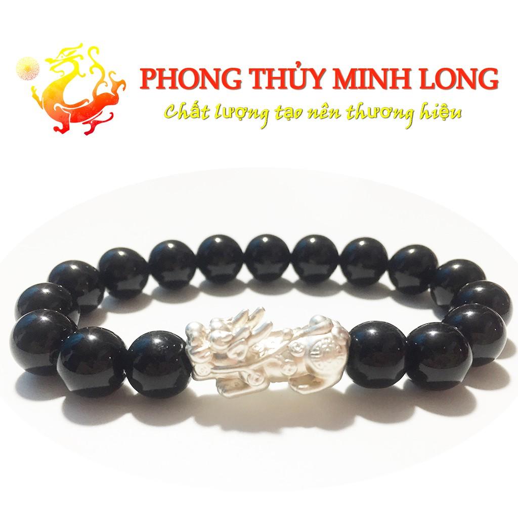 Vòng tay đá Mã Não Đen chất lượng 3A mix tỳ hưu bằng Bạc hợp mệnh Thủy và Mộc