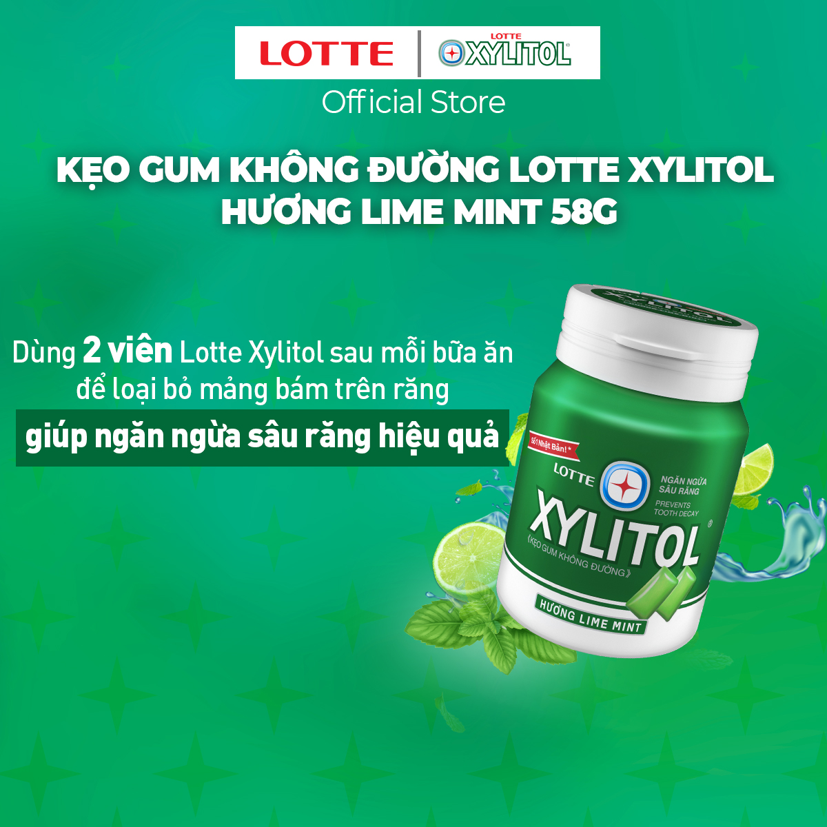 Kẹo Gum không đường Lotte Xylitol - Hương Lime Mint 55.1 g
