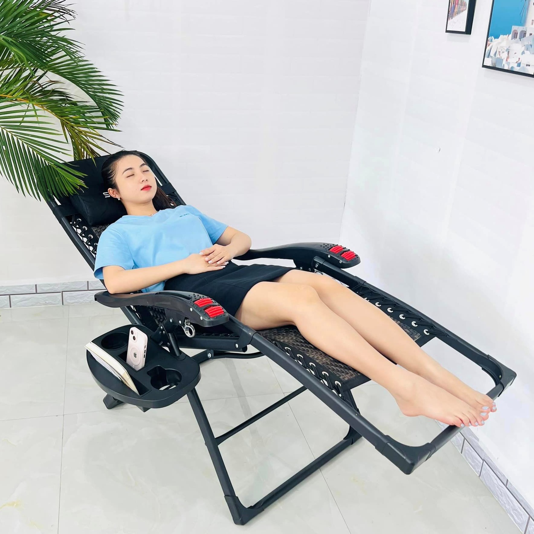 Ghế xếp thư giãn SUMIKA 636a, Lăn tay massage - lưới vân mây sợi lớn thoáng mát, khung ghế thép sơn tĩnh điện cao cấp, tải trọng 300kg - tặng kèm KHAY ĐỰNG VẬT DỤNG - luôn có phụ kiện thay thế
