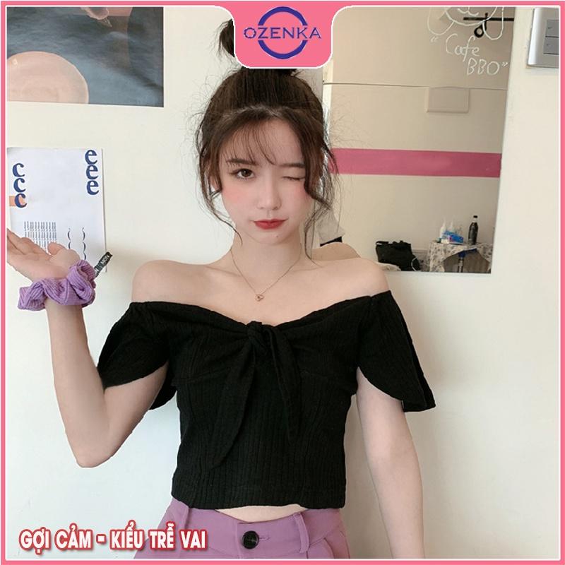 Áo croptop ngắn tay cánh tiên nữ, áo thun ôm trễ vai gợi cảm nữ tính thun gân 100% cotton đen trắng dưới 50kg