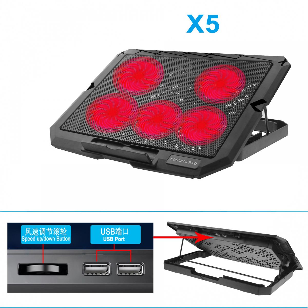 Đế Tản Nhiệt Laptop X5 5 Quạt Lớn Có Đèn Led 2 Cổng USB